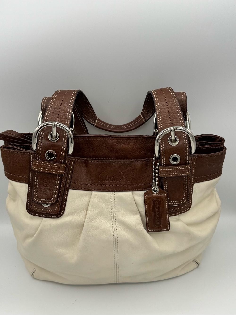 Vintage Coach Soho Pleated Off White/Ivory Leather Shoulder Bag